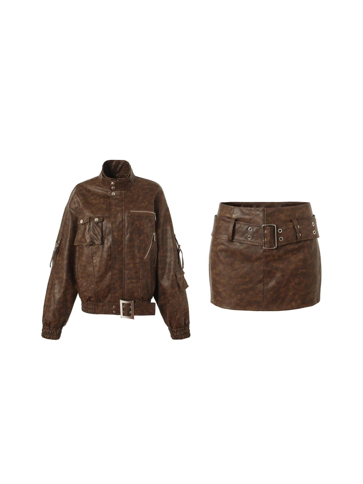 Tut tuto Distressed Pocket Biker Jacket Women's Pu Hip Hugging Matching Skirt Sets