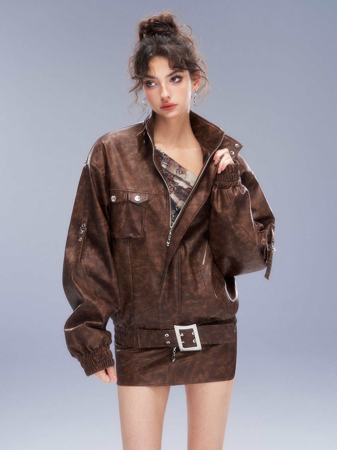 Tut tuto Distressed Pocket Biker Jacket Women's Pu Hip Hugging Matching Skirt Sets