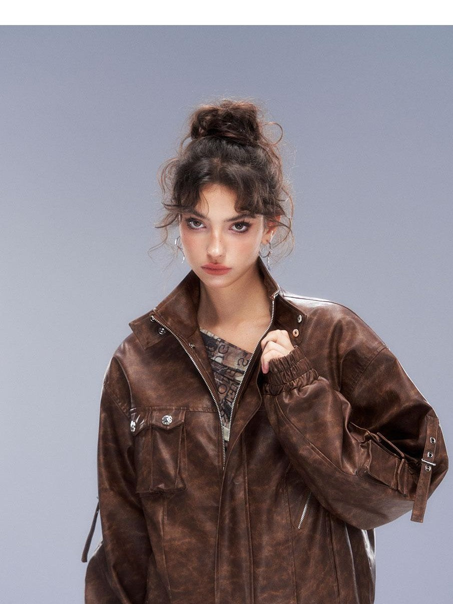 Tut tuto Distressed Pocket Biker Jacket Women's Pu Hip Hugging Matching Skirt Sets