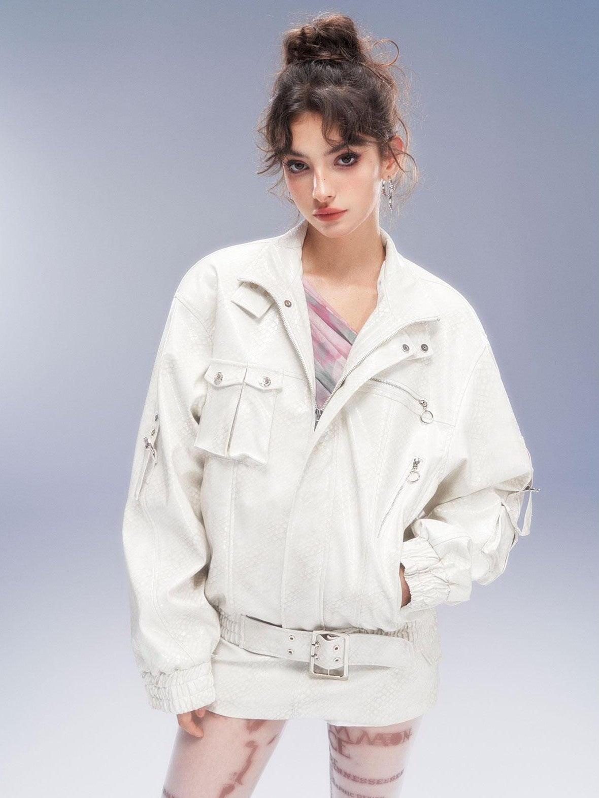 Tut tuto Distressed Pocket Biker Jacket Women's Pu Hip Hugging Matching Skirt Sets