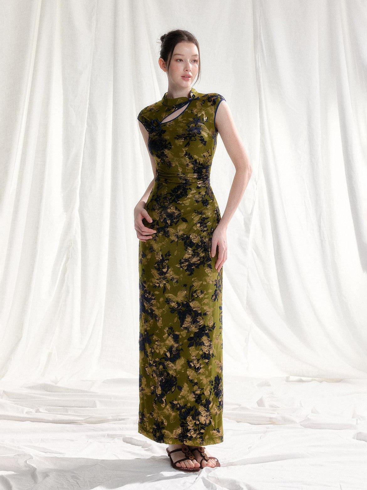 Tut tuto Five Color Jacquard Floral Vintage Women's Stretch Velvet Cheongsam Dresses