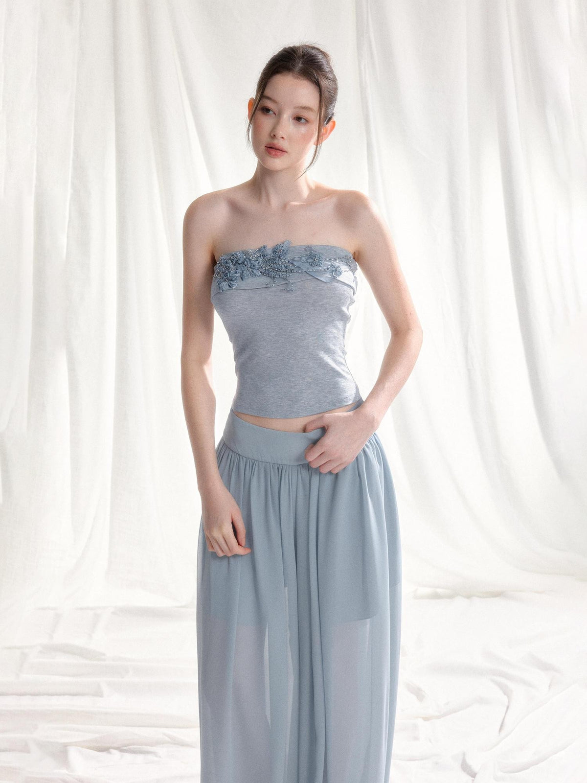 Tut tuto Floral Knit Bustier High Waist Mesh Women's Tulle Casual Top & Pants Sets