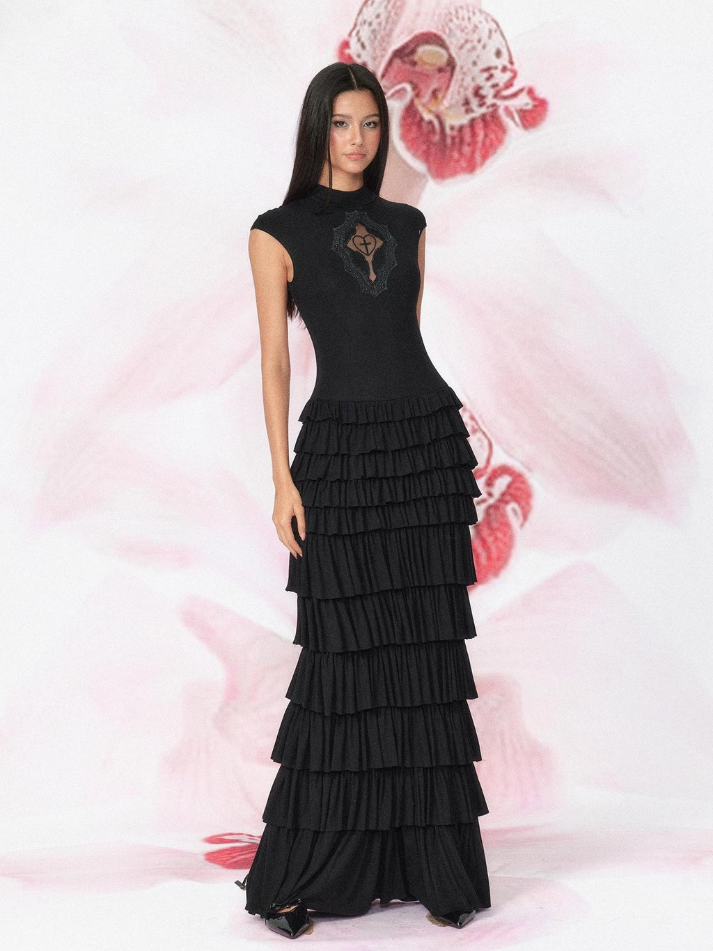 Tut tuto Goth Cutout Lace Mock Neck Tiered High Waist Women's Bodycon Maxi Dresses