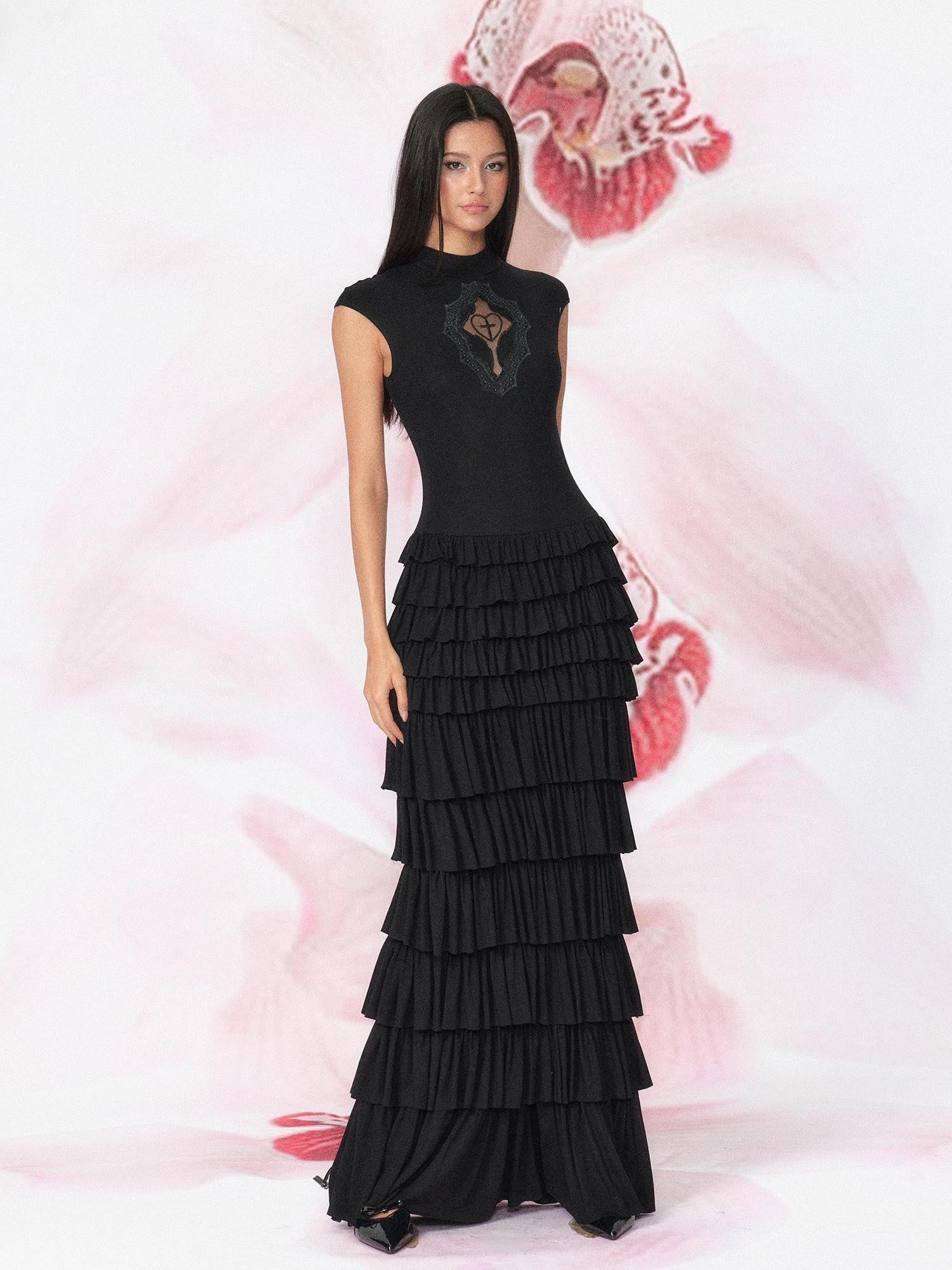 Tut tuto Goth Cutout Lace Mock Neck Tiered High Waist Women's Bodycon Maxi Dresses