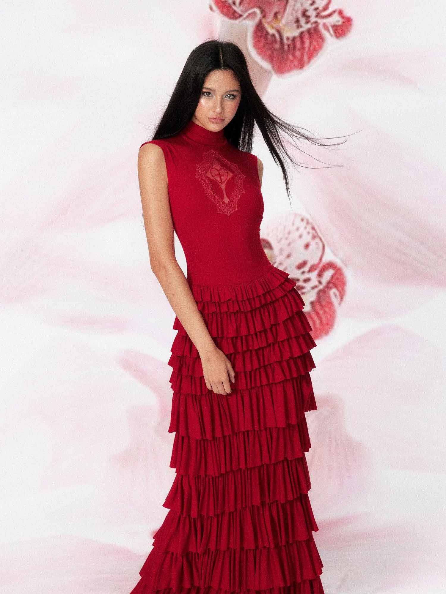 Tut tuto Goth Cutout Lace Mock Neck Tiered High Waist Women's Bodycon Maxi Dresses