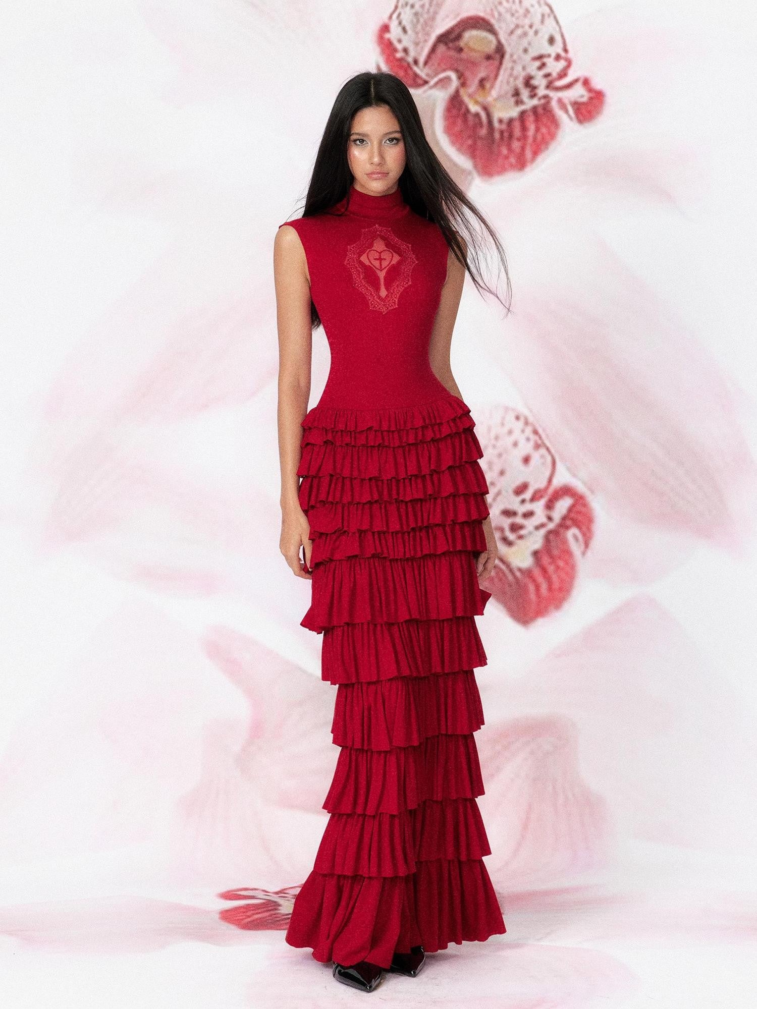 Tut tuto Goth Cutout Lace Mock Neck Tiered High Waist Women's Bodycon Maxi Dresses