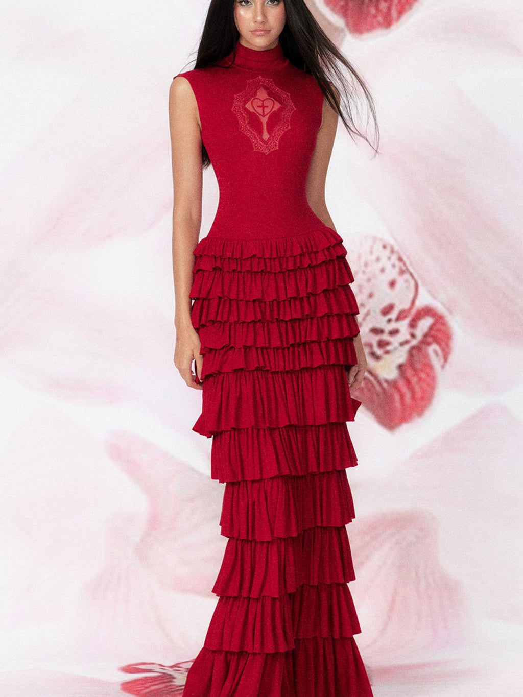 Tut tuto Goth Cutout Lace Mock Neck Tiered High Waist Women's Bodycon Maxi Dresses