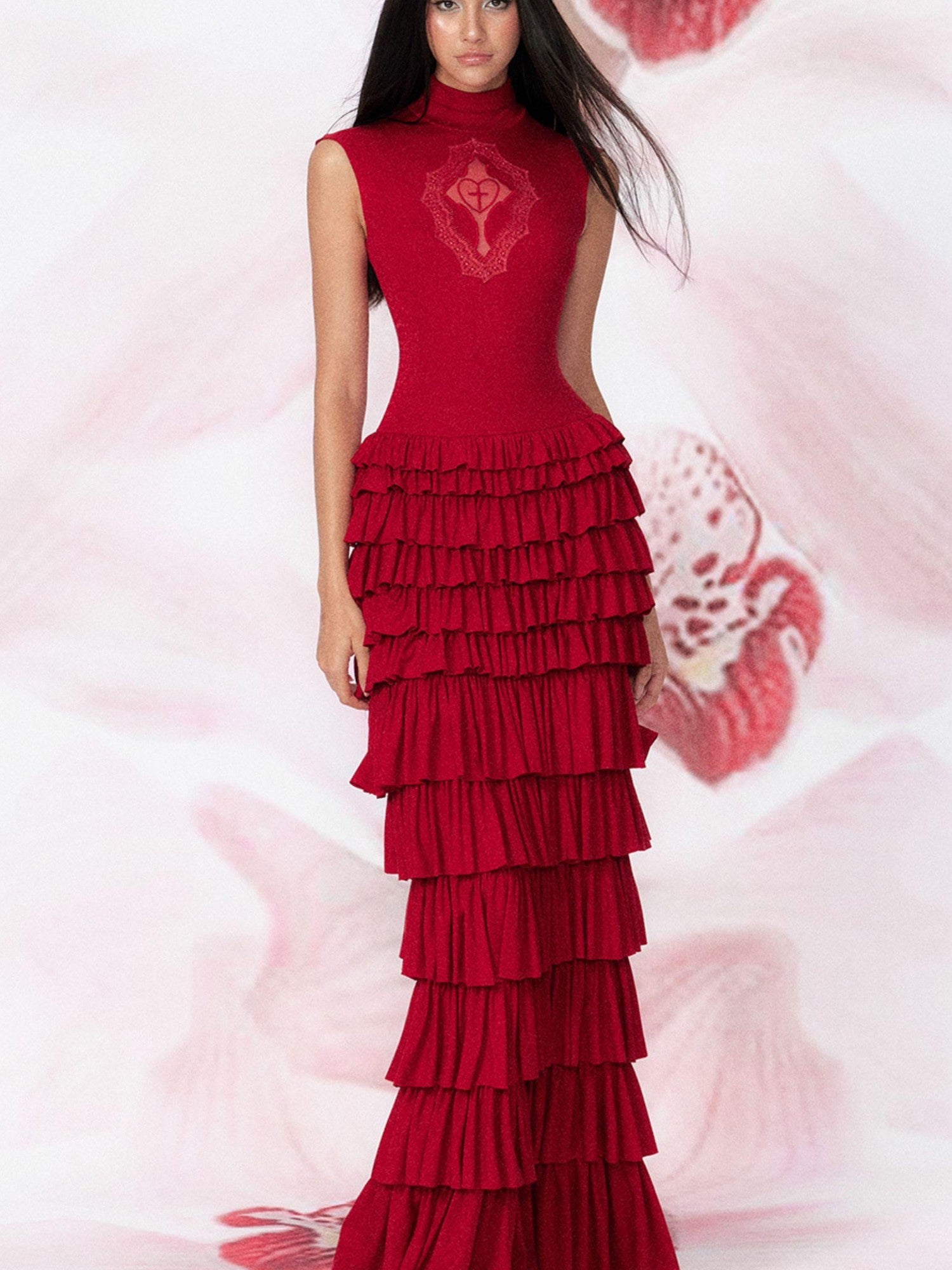 Tut tuto Goth Cutout Lace Mock Neck Tiered High Waist Women's Bodycon Maxi Dresses