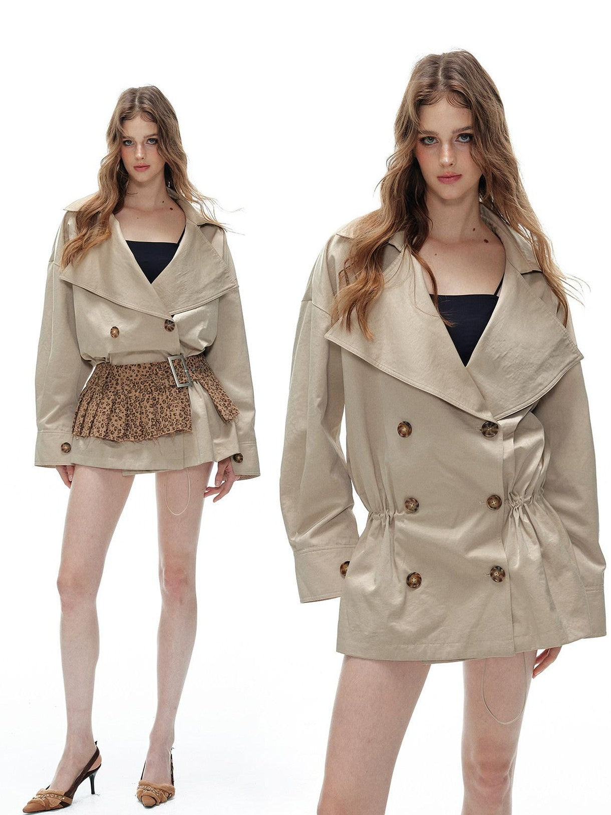 Tut tuto Khaki Double Breasted Short Leopard Waist Belt Women's Trench Coats