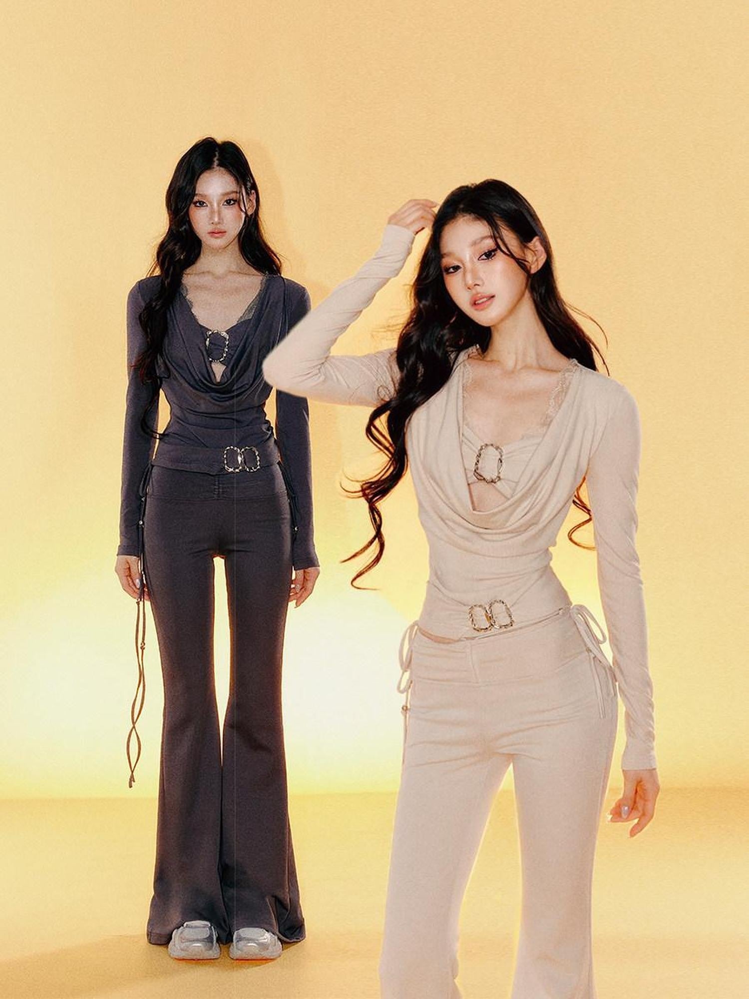 Tut tuto Khaki Slimming Micro Flare V-neck Women's Cotton Knit Casual Top & Pants Sets