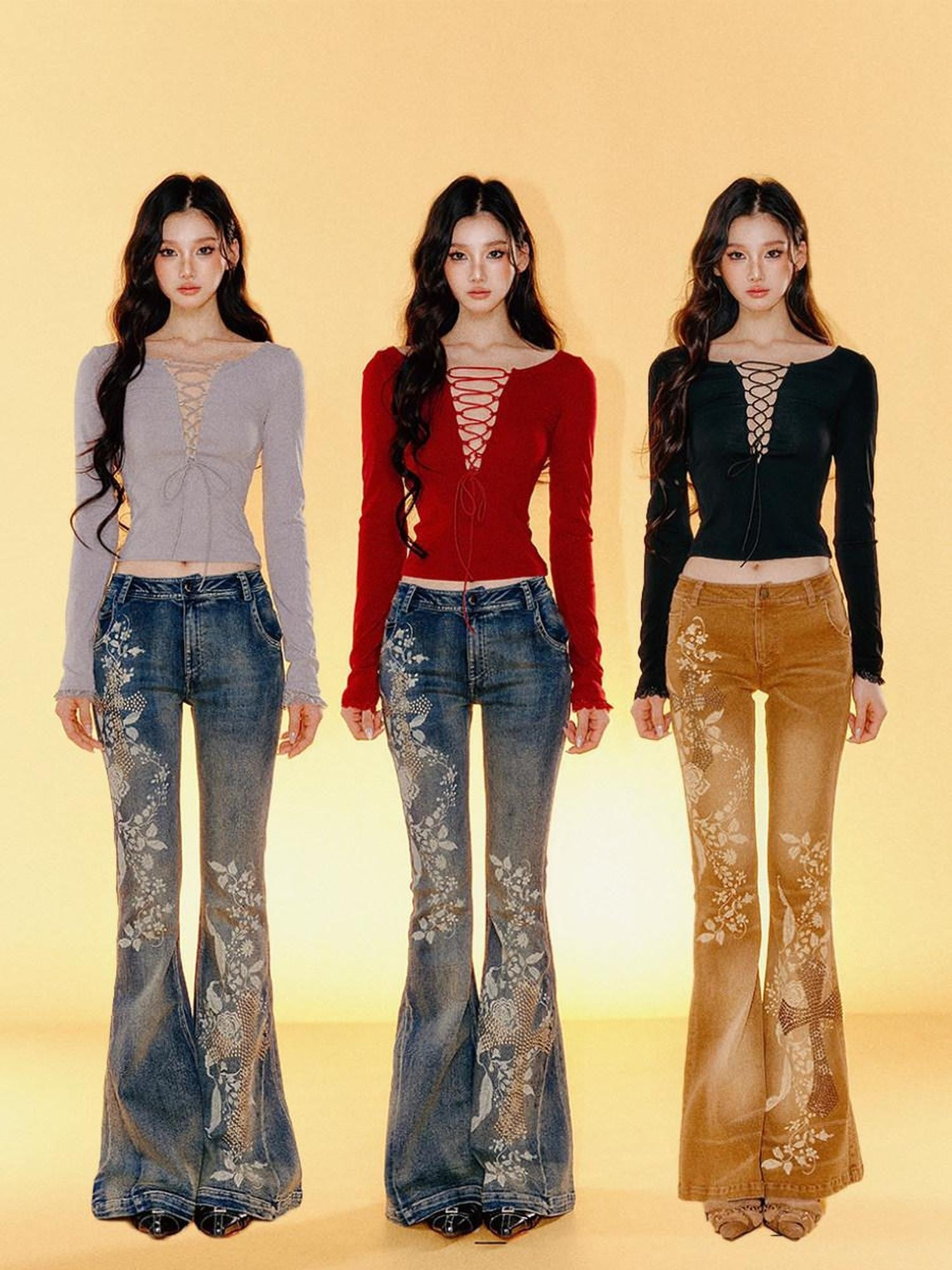 Tut tuto Lace Back Tie Slim Fit Women's Cotton Stretch Long Sleeve T-shirts