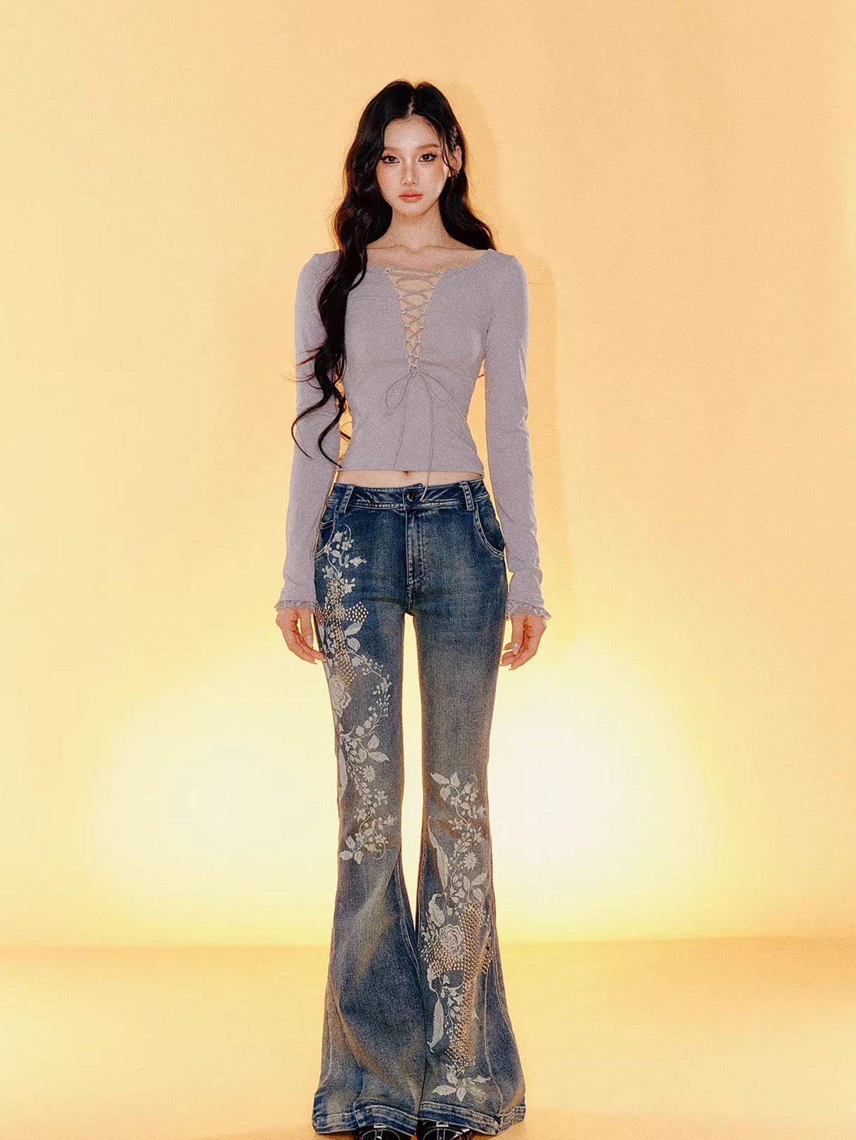 Tut tuto Lace Back Tie Slim Fit Women's Cotton Stretch Long Sleeve T-shirts