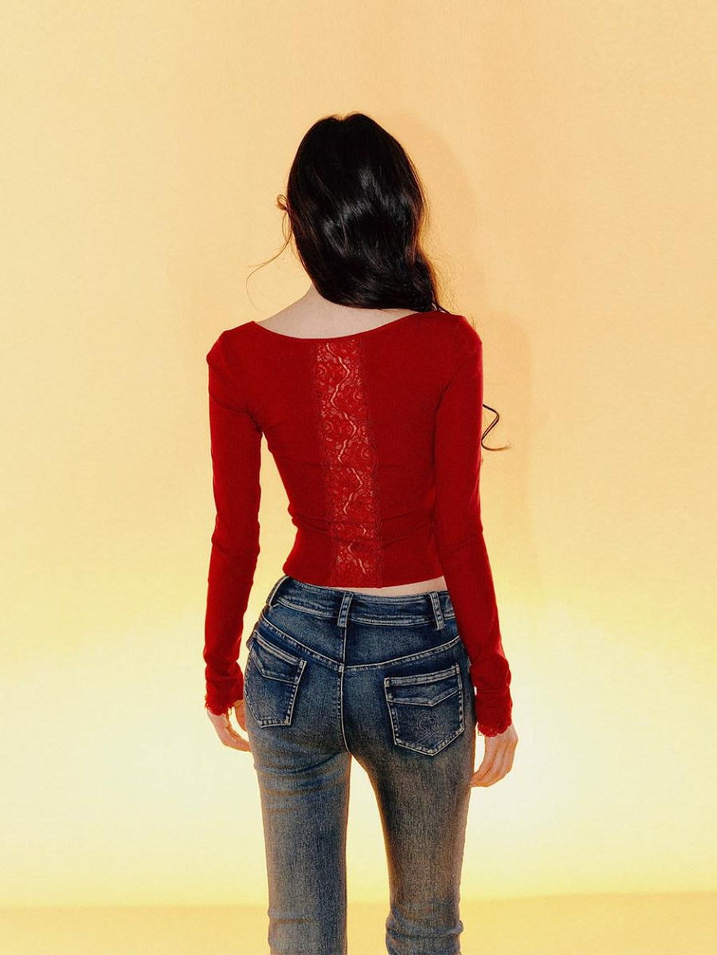 Tut tuto Lace Back Tie Slim Fit Women's Cotton Stretch Long Sleeve T-shirts