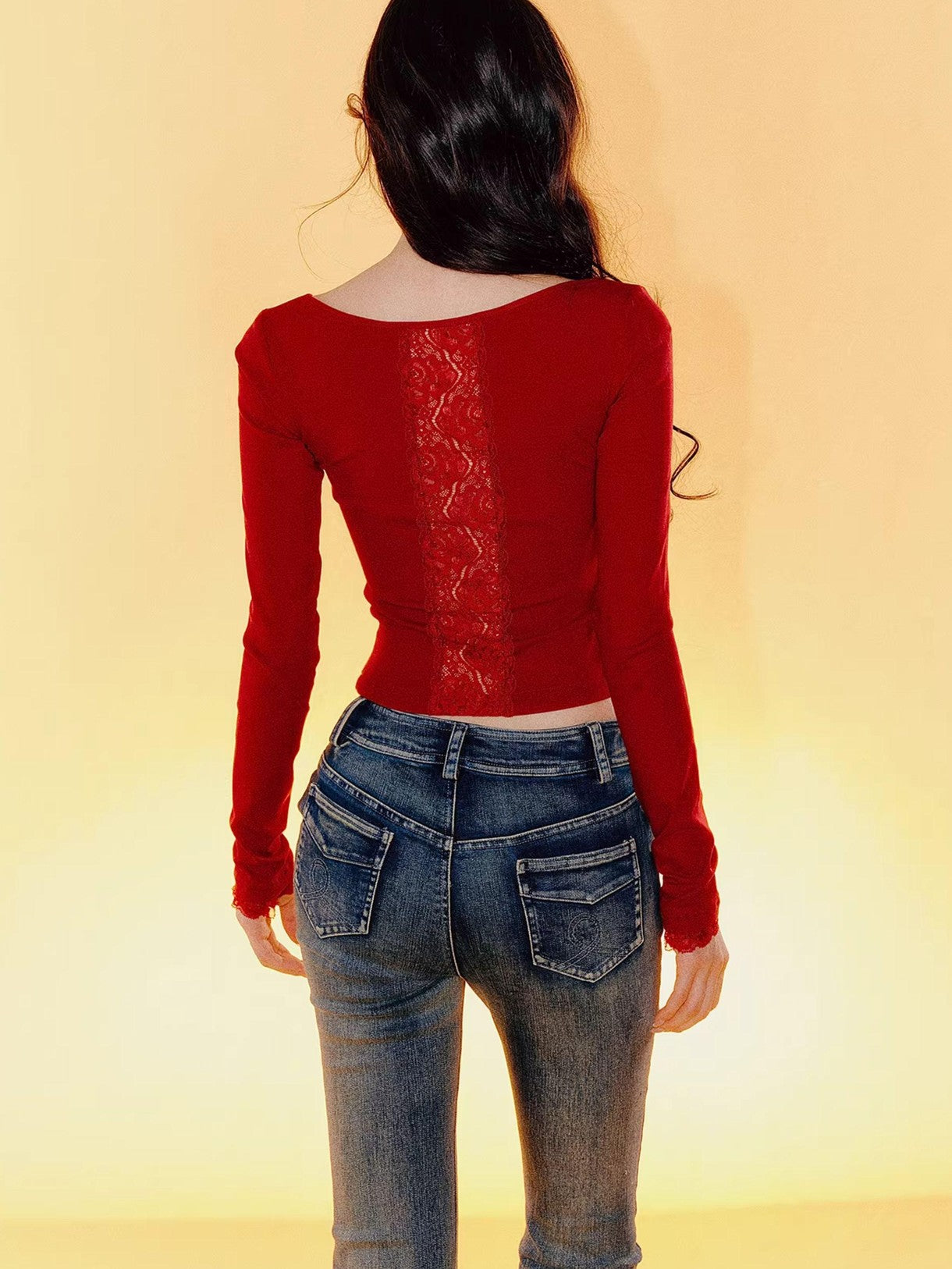 Tut tuto Lace Back Tie Slim Fit Women's Cotton Stretch Long Sleeve T-shirts