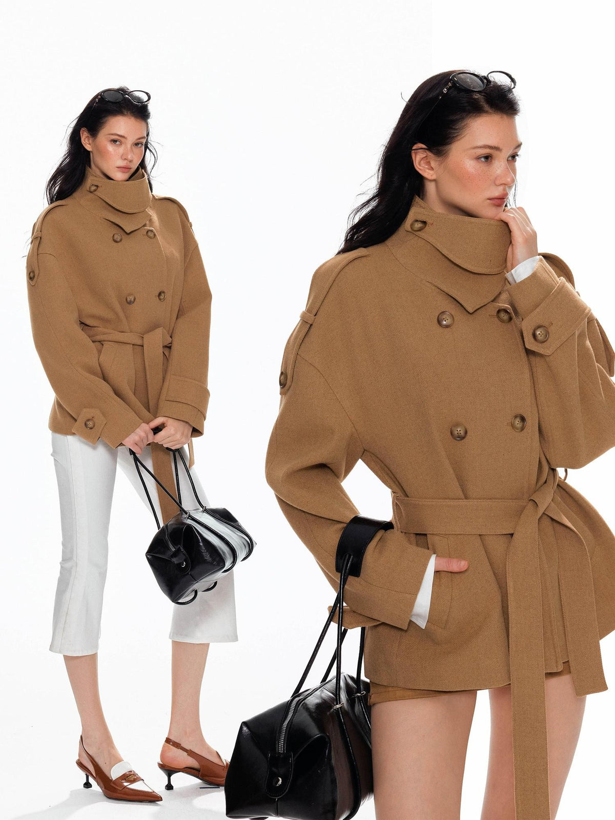 Tut tuto Lace Up Double Breasted Hooded Women's Wool Blend Wool Coats