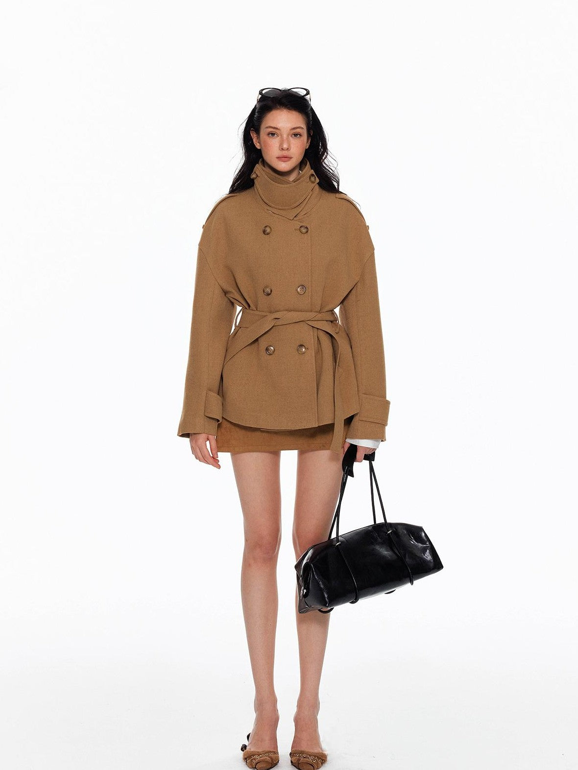 Tut tuto Lace Up Double Breasted Hooded Women's Wool Blend Wool Coats