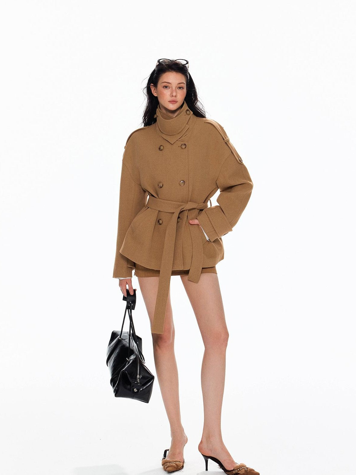 Tut tuto Lace Up Double Breasted Hooded Women's Wool Blend Wool Coats