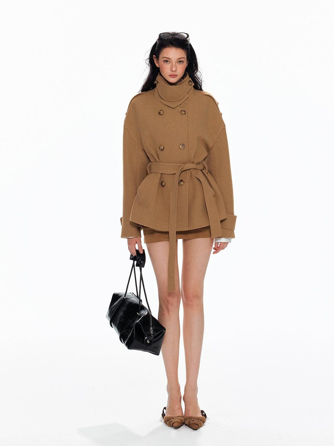 Tut tuto Lace Up Double Breasted Hooded Women's Wool Blend Wool Coats