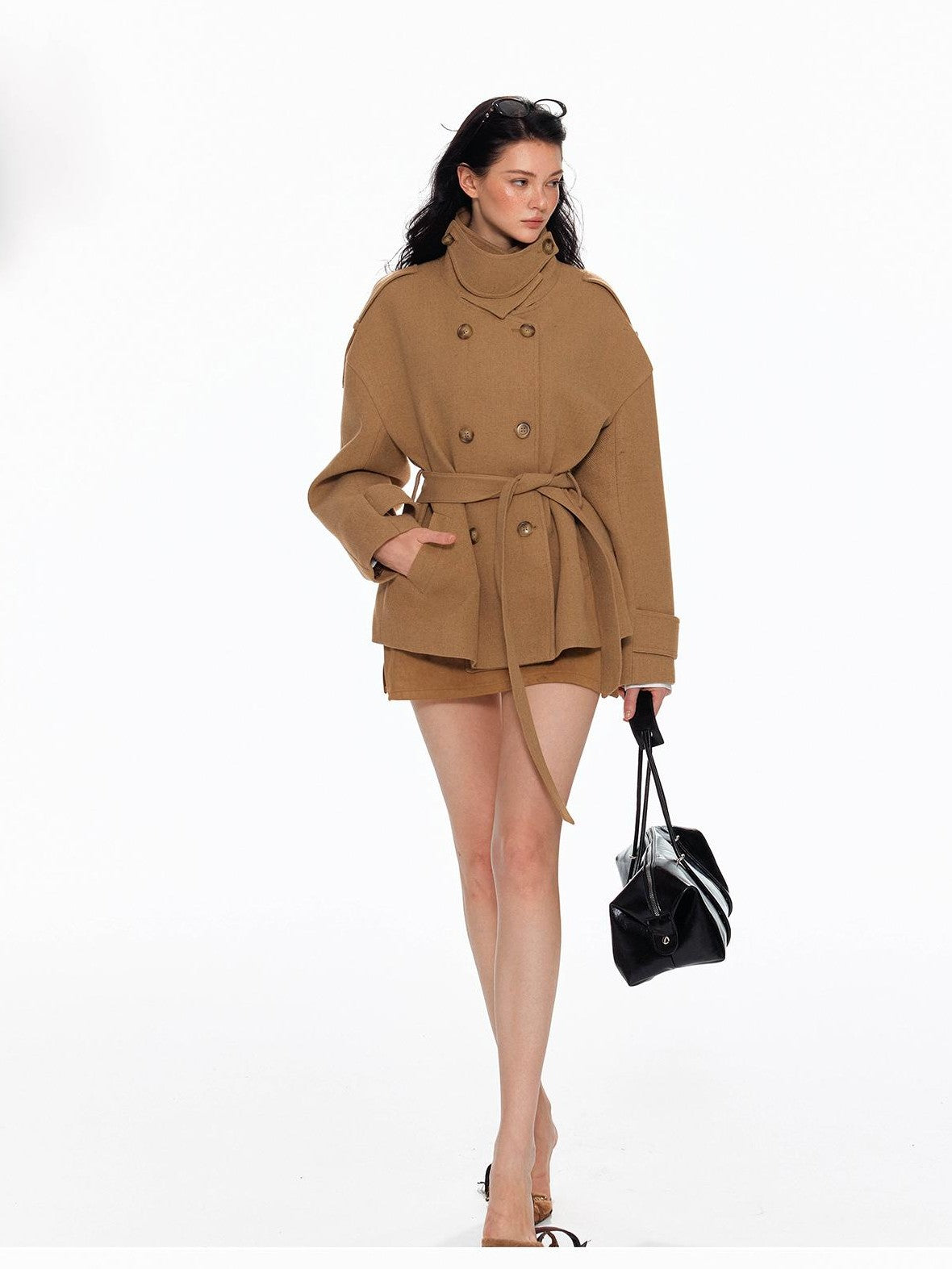 Tut tuto Lace Up Double Breasted Hooded Women's Wool Blend Wool Coats