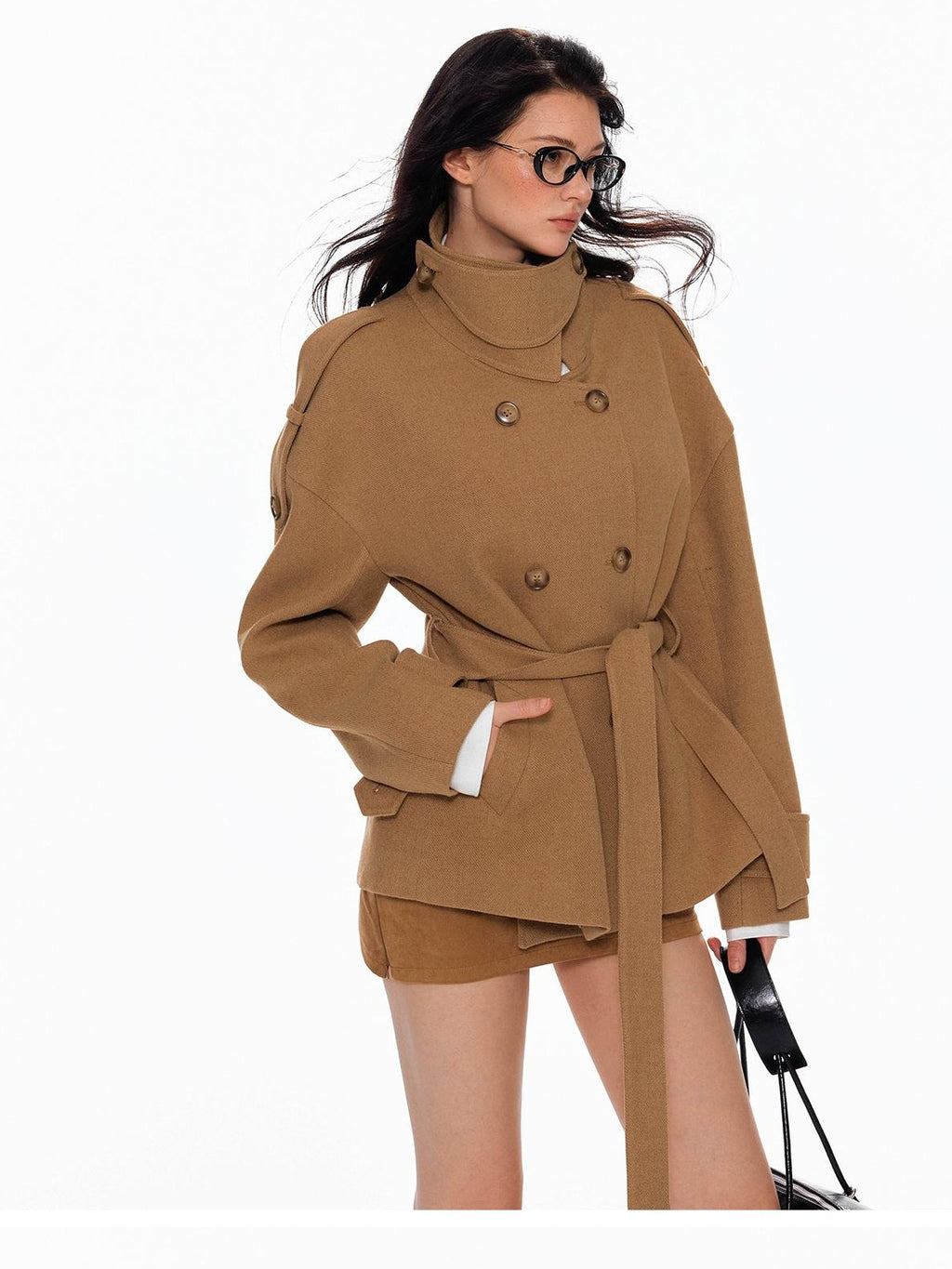 Tut tuto Lace Up Double Breasted Hooded Women's Wool Blend Wool Coats