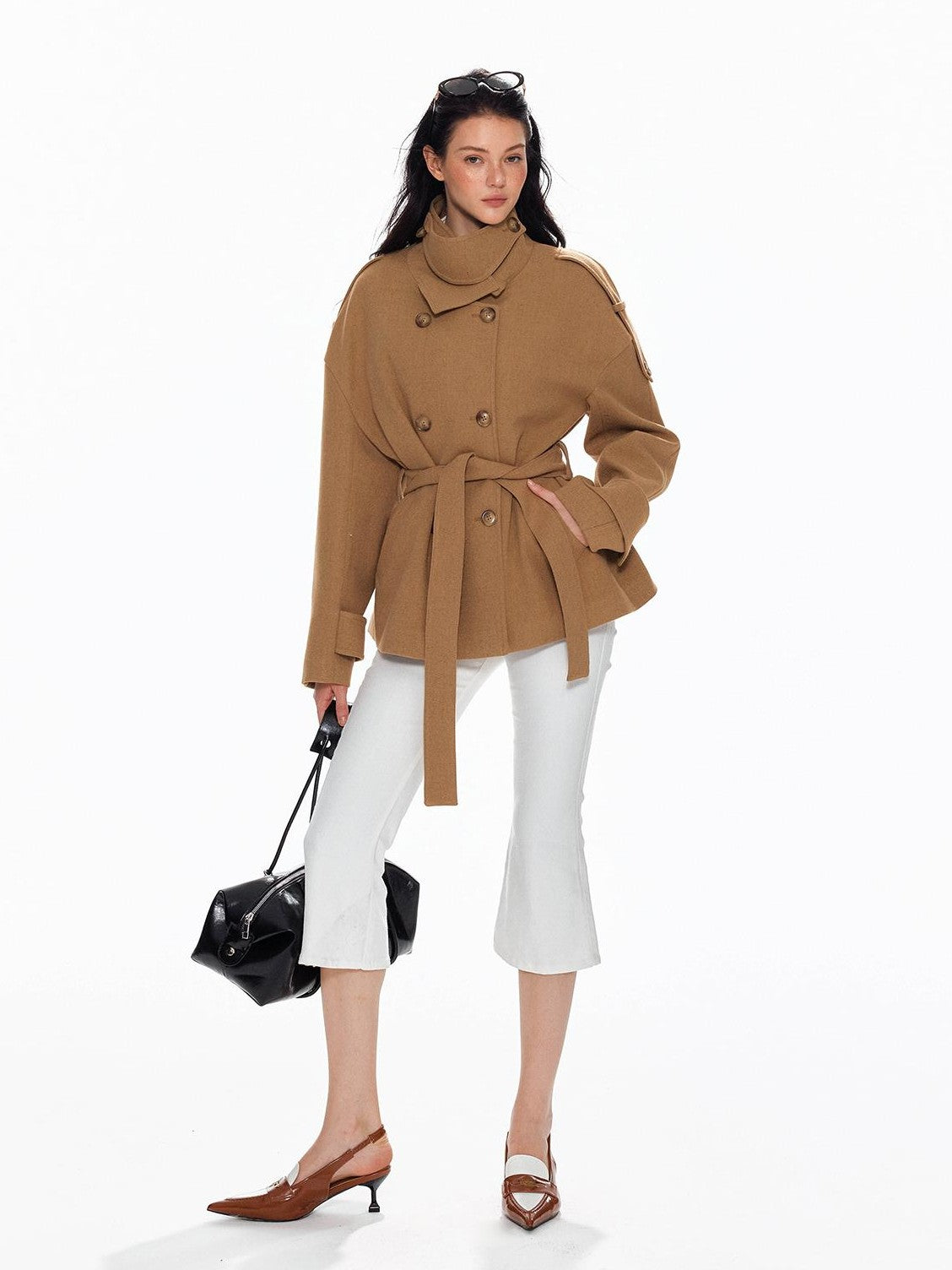 Tut tuto Lace Up Double Breasted Hooded Women's Wool Blend Wool Coats