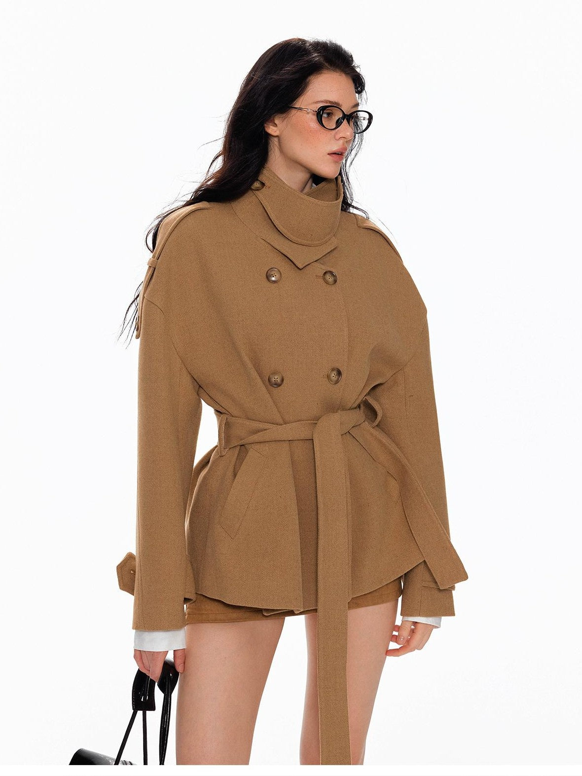 Tut tuto Lace Up Double Breasted Hooded Women's Wool Blend Wool Coats