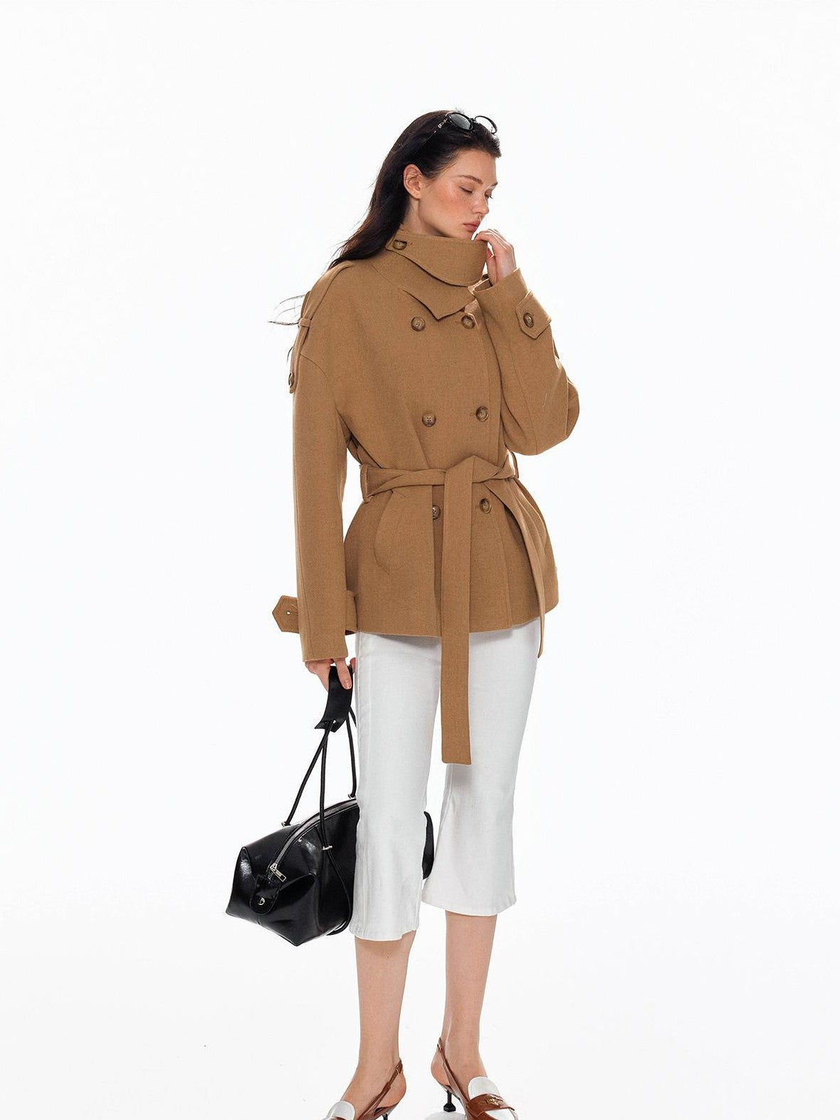 Tut tuto Lace Up Double Breasted Hooded Women's Wool Blend Wool Coats