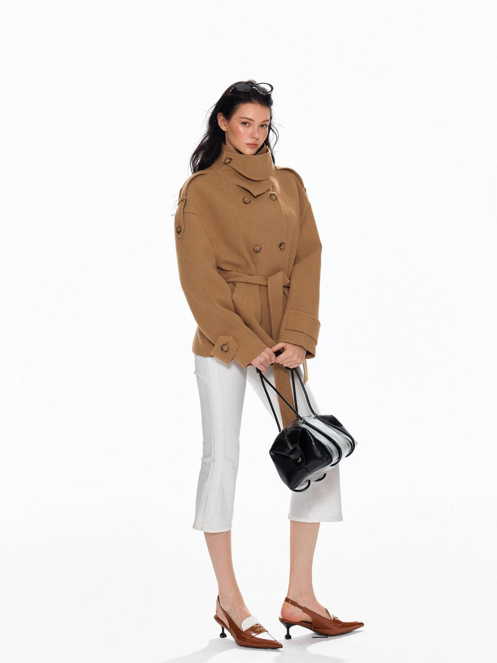 Tut tuto Lace Up Double Breasted Hooded Women's Wool Blend Wool Coats