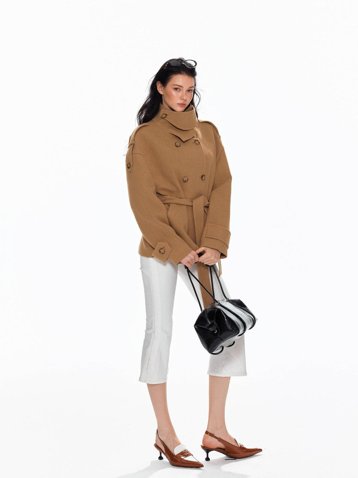 Tut tuto Lace Up Double Breasted Hooded Women's Wool Blend Wool Coats