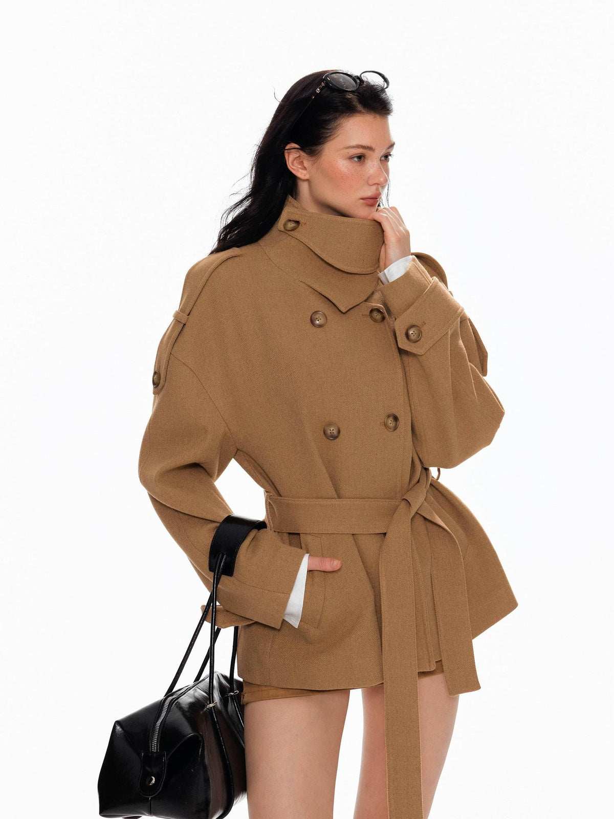 Tut tuto Lace Up Double Breasted Hooded Women's Wool Blend Wool Coats