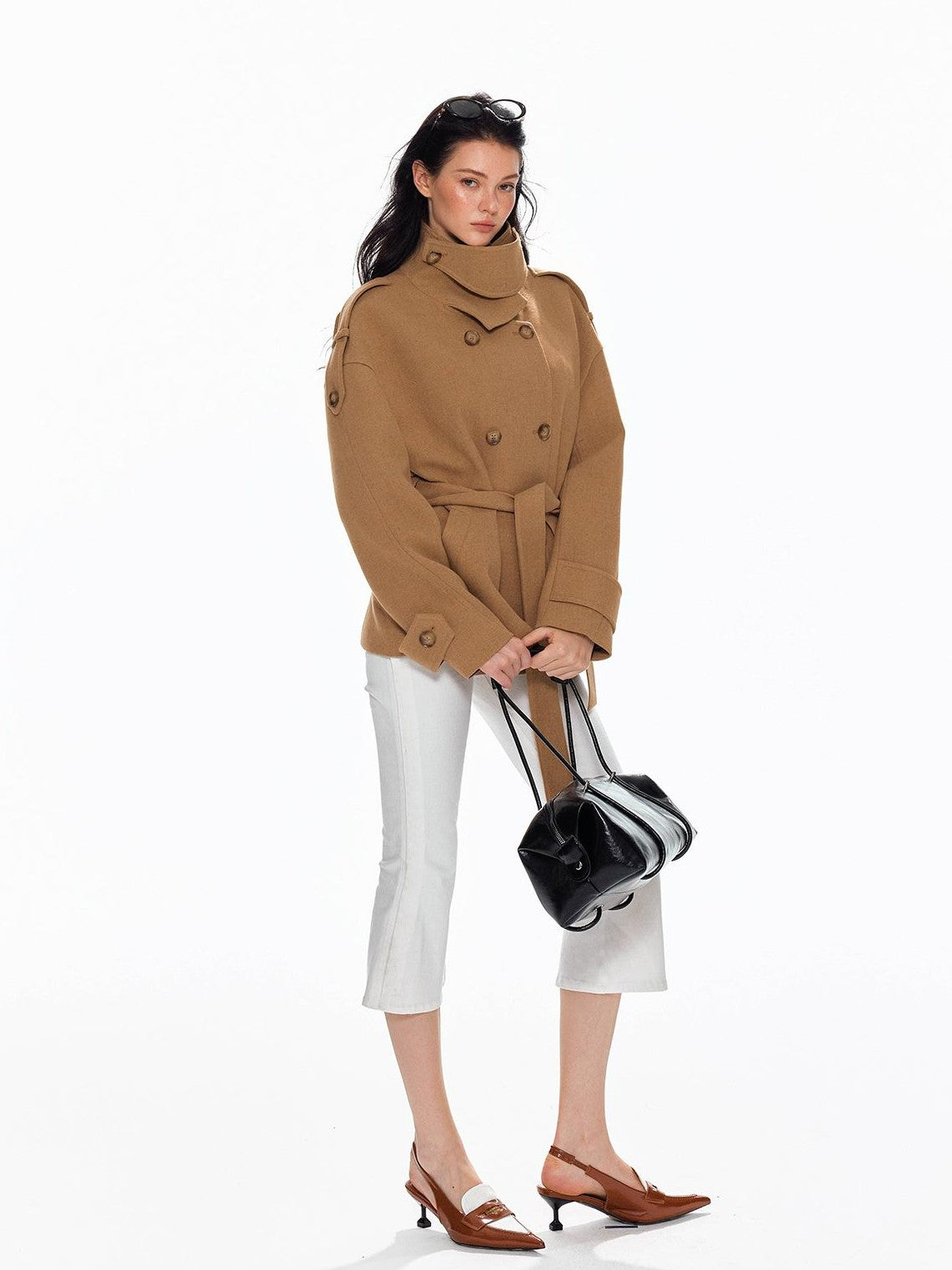 Tut tuto Lace Up Double Breasted Hooded Women's Wool Blend Wool Coats