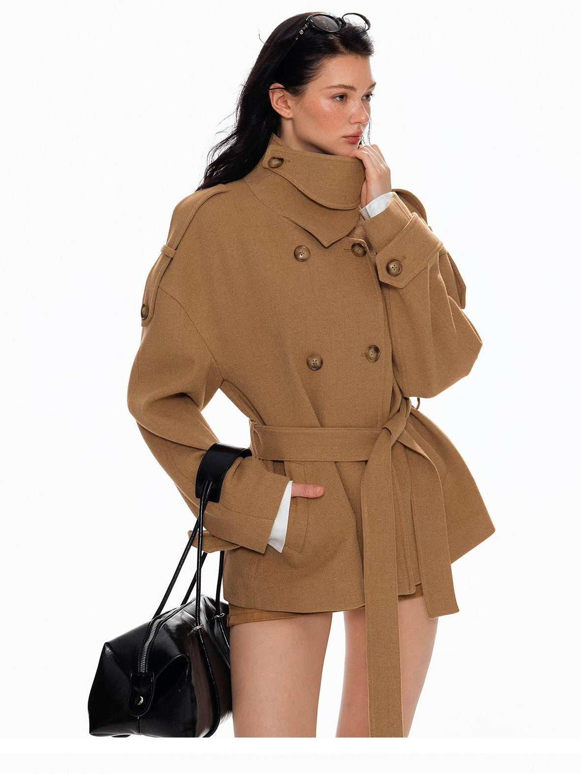 Tut tuto Lace Up Double Breasted Hooded Women's Wool Blend Wool Coats