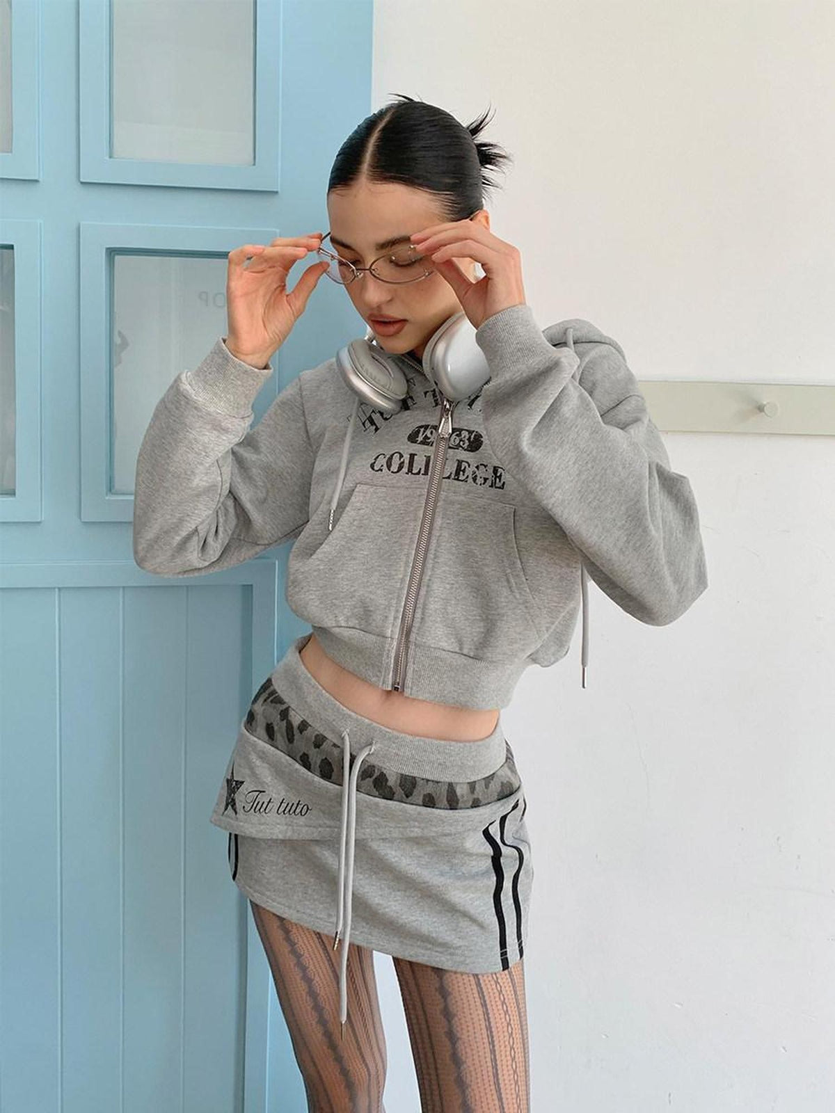 Tut tuto Leopard Print Lettering Hooded Sweatshirt Women's Cotton Matching Skirt Sets