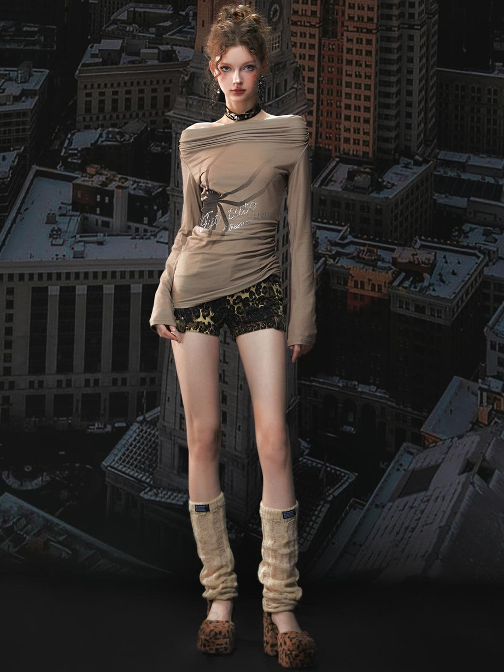 Tut tuto Leopard Print Rhinestone Off Shoulder Women's Cotton Long Sleeve T-shirts