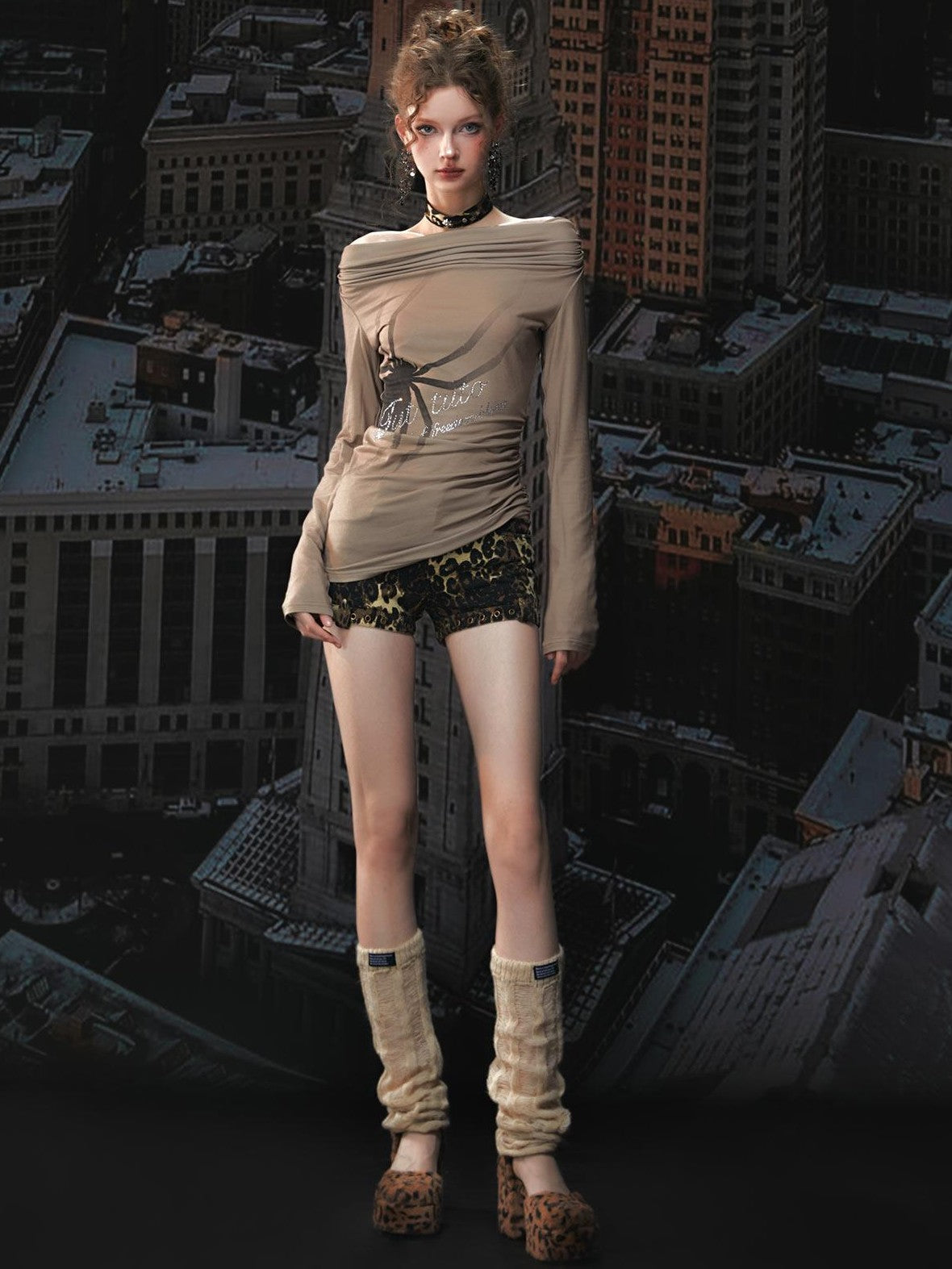 Tut tuto Leopard Print Rhinestone Off Shoulder Women's Cotton Long Sleeve T-shirts