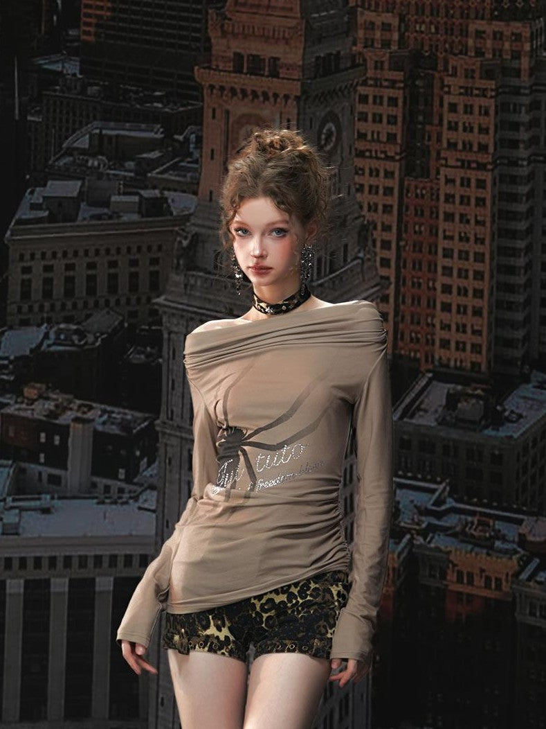 Tut tuto Leopard Print Rhinestone Off Shoulder Women's Cotton Long Sleeve T-shirts