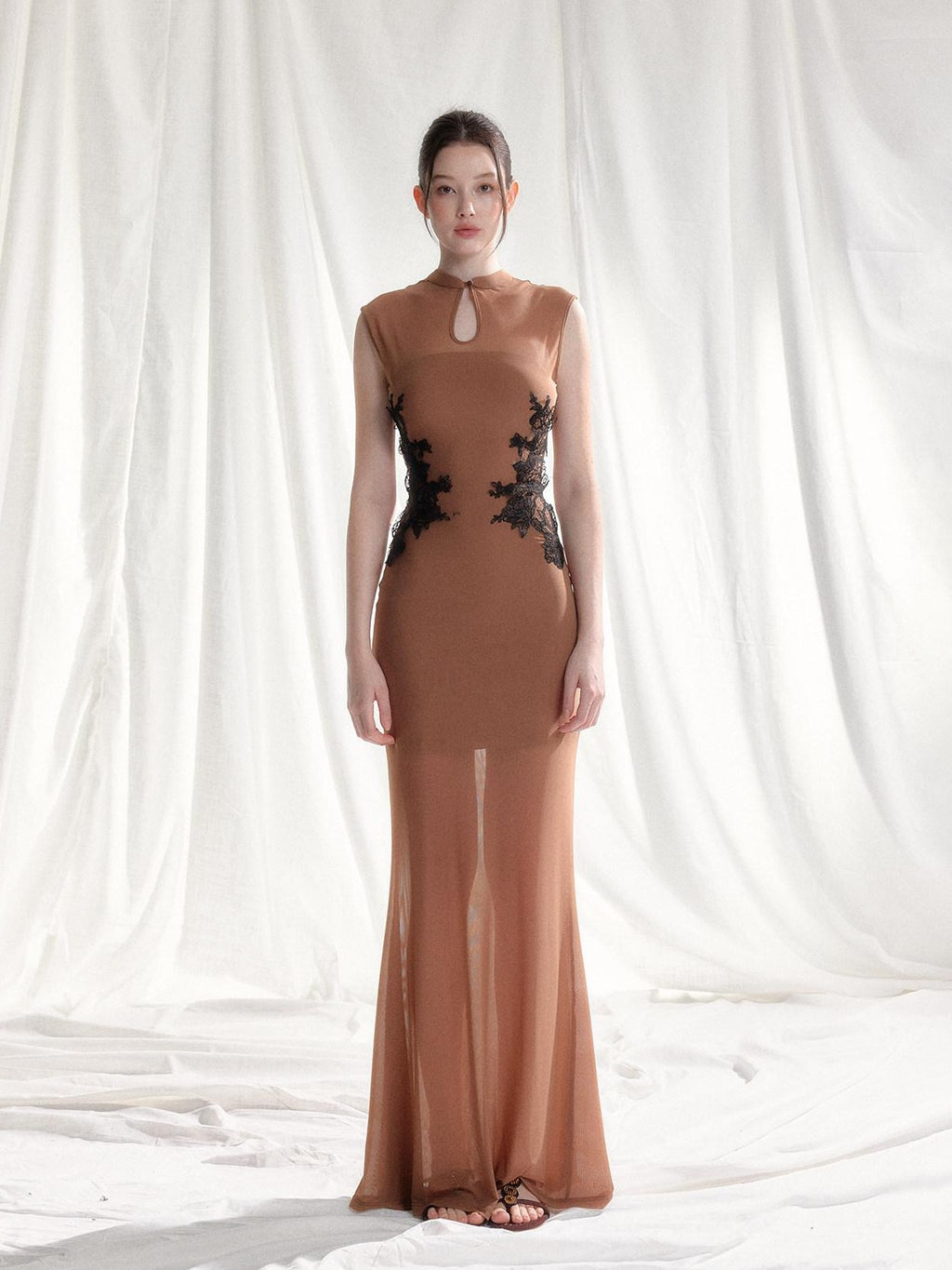 Tut tuto Light Brown Lace Applique Cutout Stand Collar Women's Mesh Cheongsam Dresses