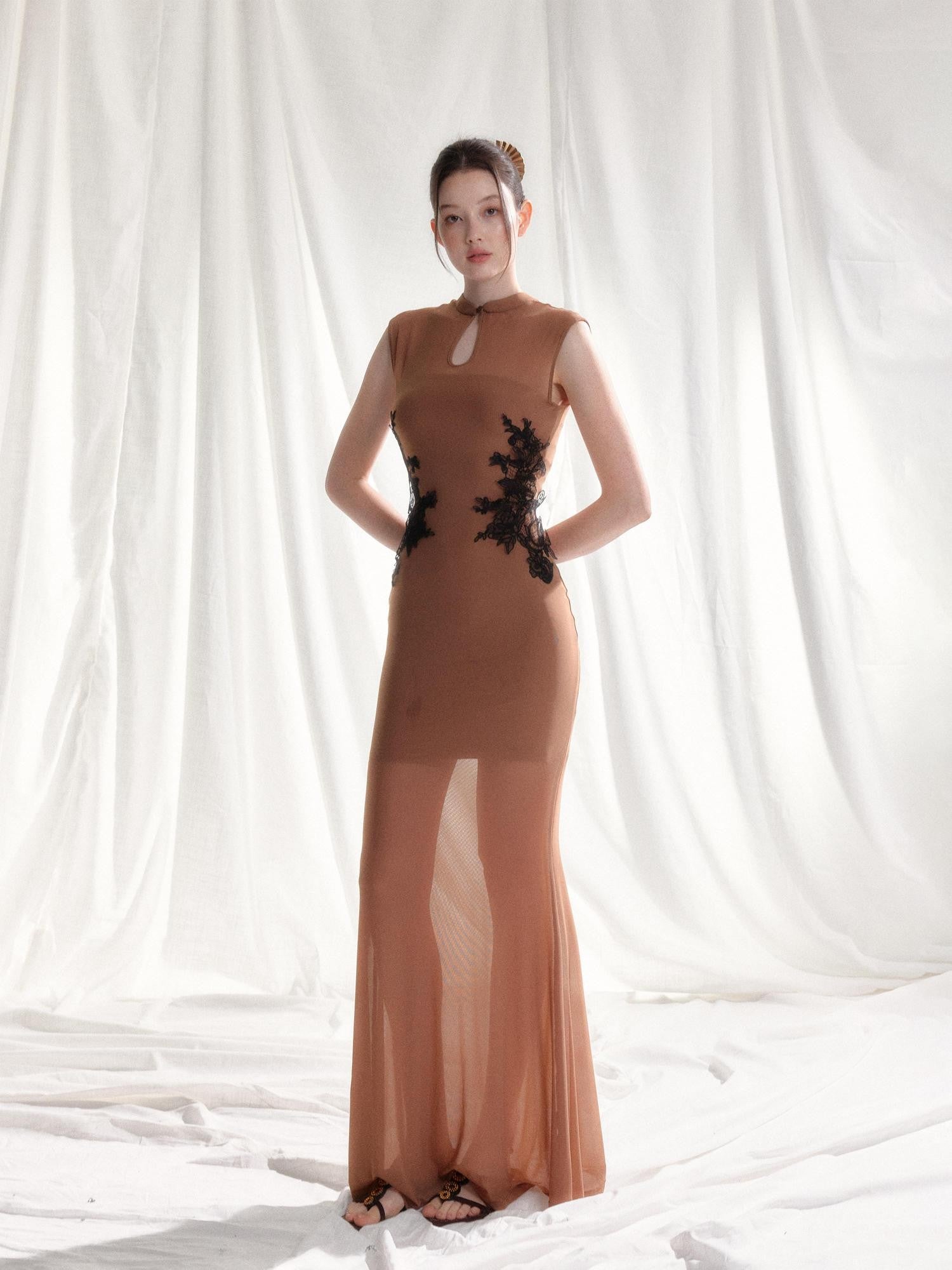 Tut tuto Light Brown Lace Applique Cutout Stand Collar Women's Mesh Cheongsam Dresses
