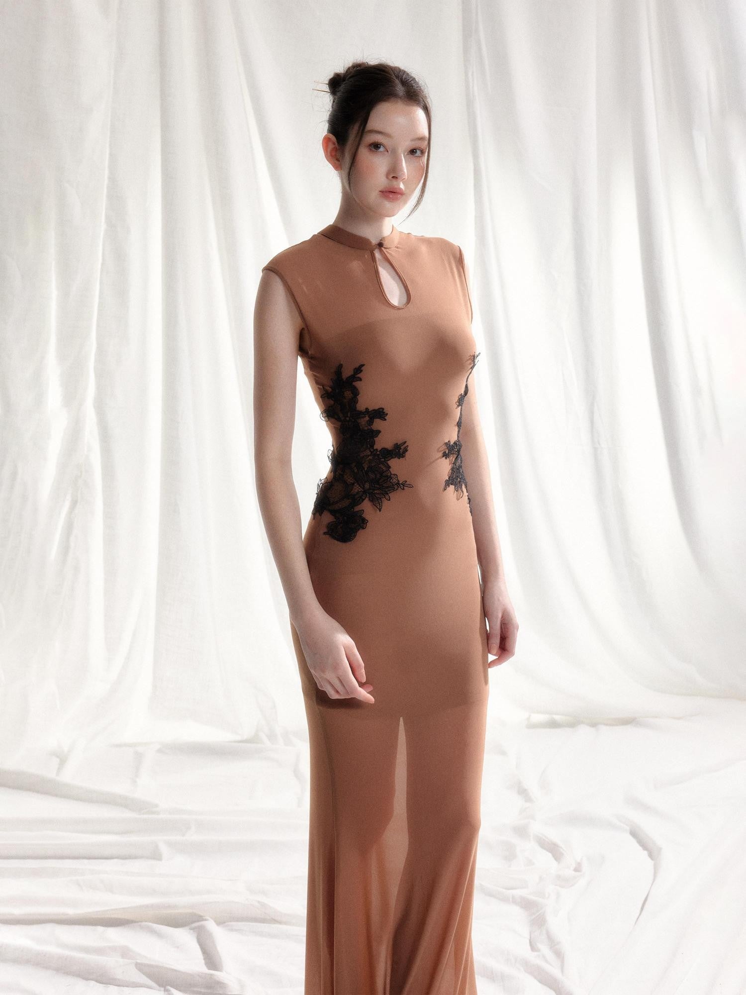 Tut tuto Light Brown Lace Applique Cutout Stand Collar Women's Mesh Cheongsam Dresses