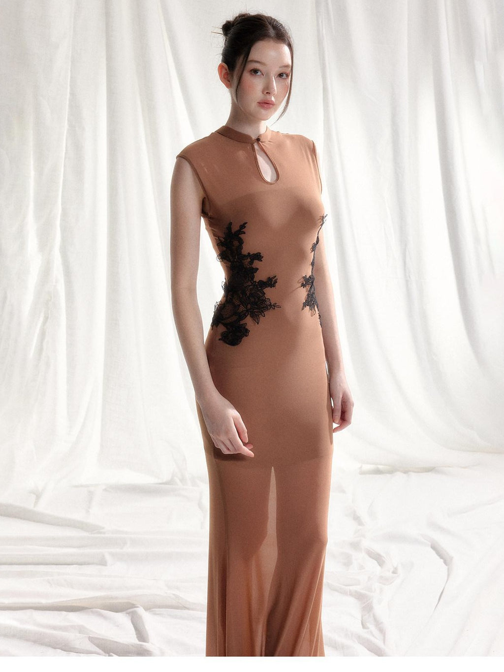 Tut tuto Light Brown Lace Applique Cutout Stand Collar Women's Mesh Cheongsam Dresses