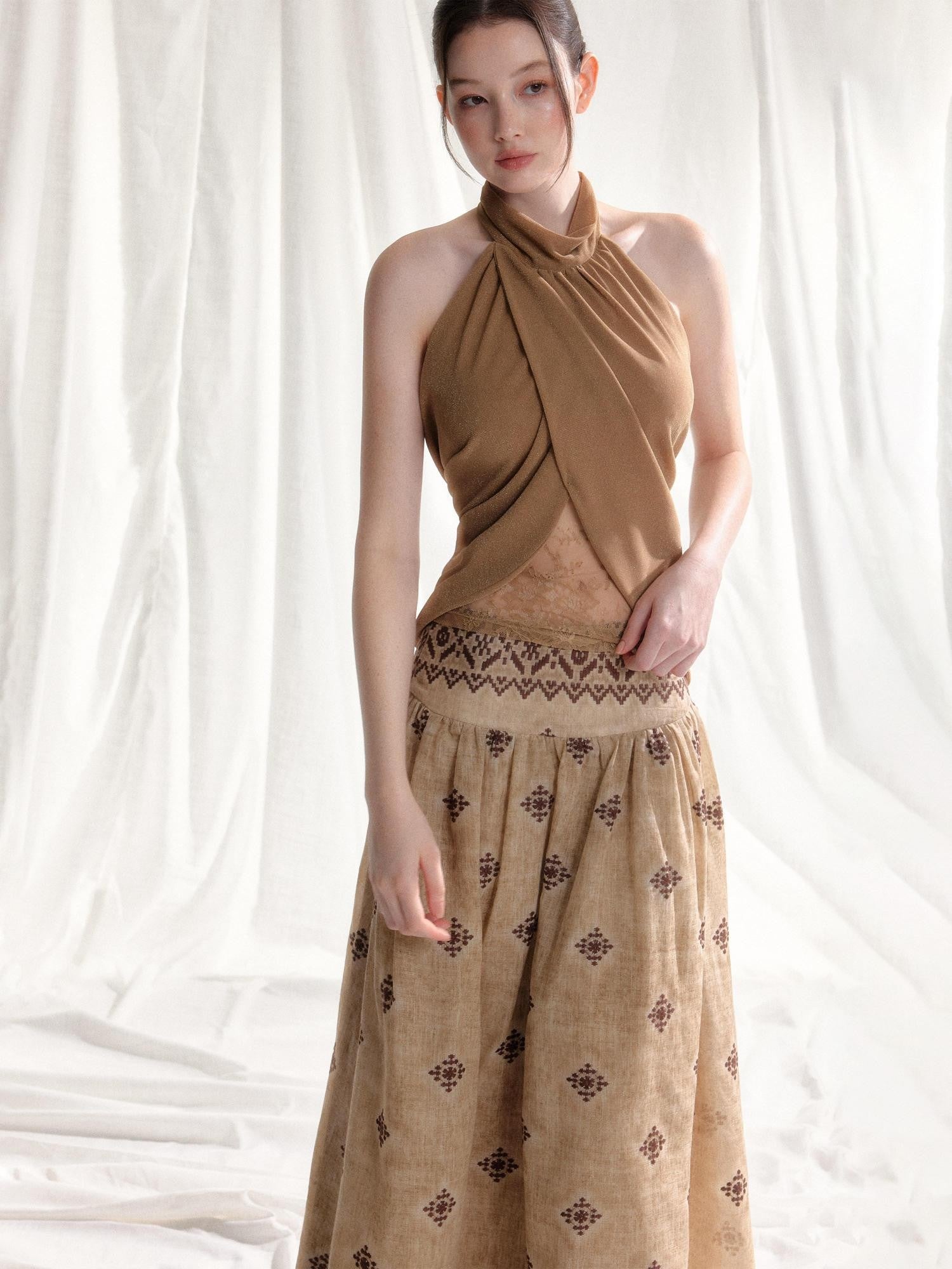 Tut tuto Light Coffee Halter Neck Mesh Spliced Lace Women's Matching Skirt Sets