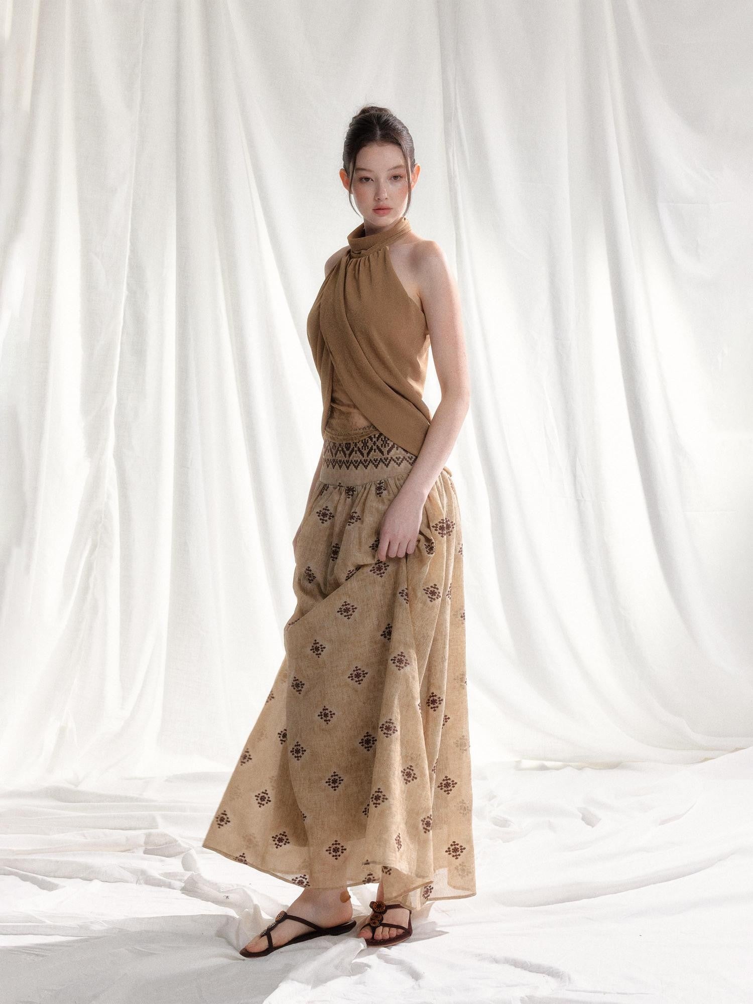 Tut tuto Light Coffee Halter Neck Mesh Spliced Lace Women's Matching Skirt Sets