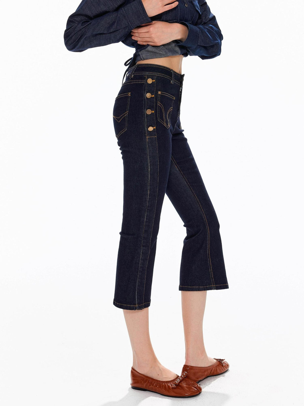 Tut tuto Low Rise Side Button Slim Fit Cotton Women's Cropped Jeans
