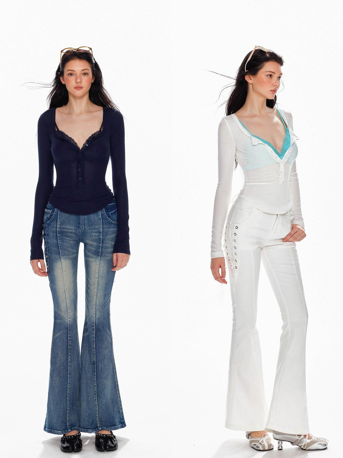 Tut tuto Low Rise Washed Frayed Tie Slim Fit Women's Cotton Bootcut Jeans