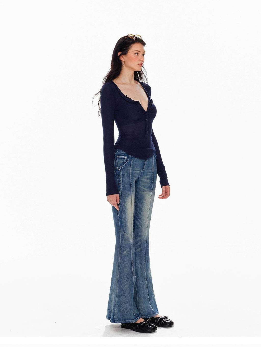 Tut tuto Low Rise Washed Frayed Tie Slim Fit Women's Cotton Bootcut Jeans