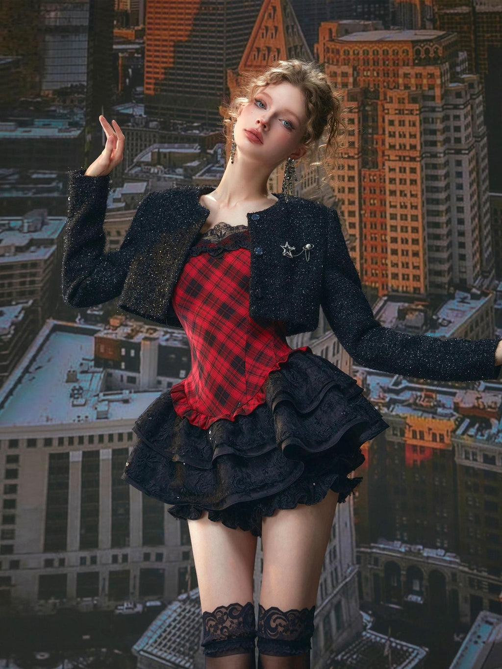 Tut tuto Red Black Plaid Lace Puff Strappy Two Piece Women's Cotton Slip Mini Dresses