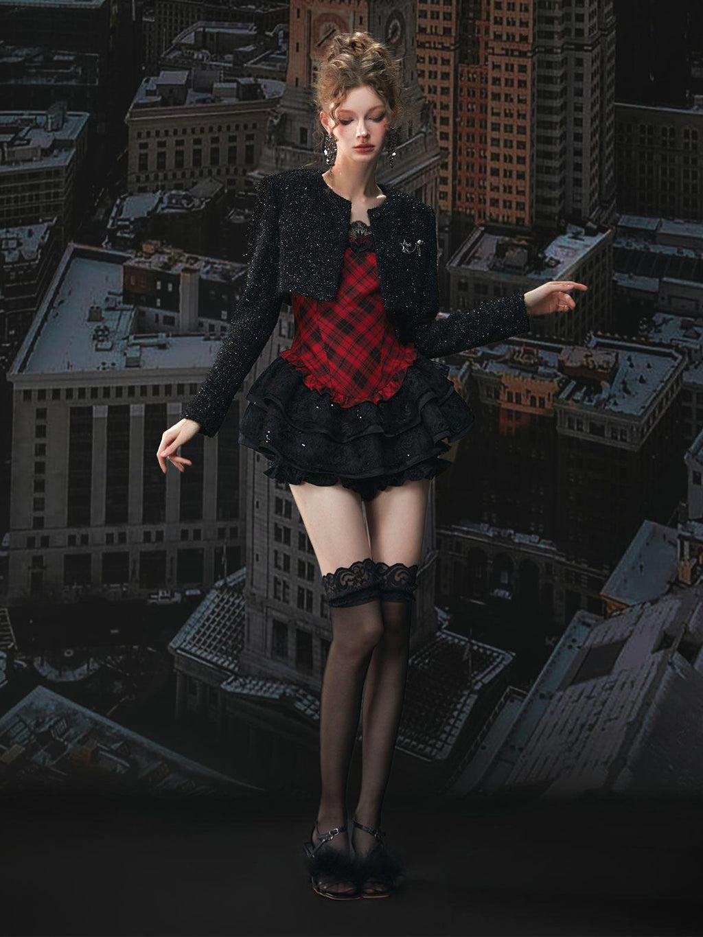 Tut tuto Red Black Plaid Lace Puff Strappy Two Piece Women's Cotton Slip Mini Dresses