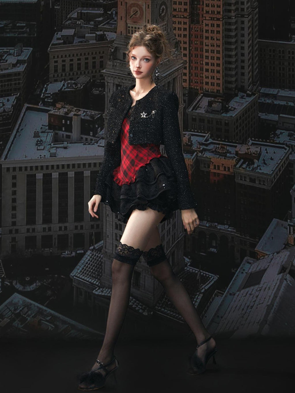 Tut tuto Red Black Plaid Lace Puff Strappy Two Piece Women's Cotton Slip Mini Dresses