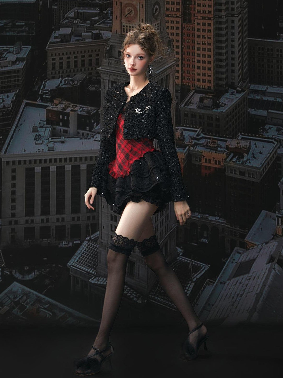 Tut tuto Red Black Plaid Lace Puff Strappy Two Piece Women's Cotton Slip Mini Dresses