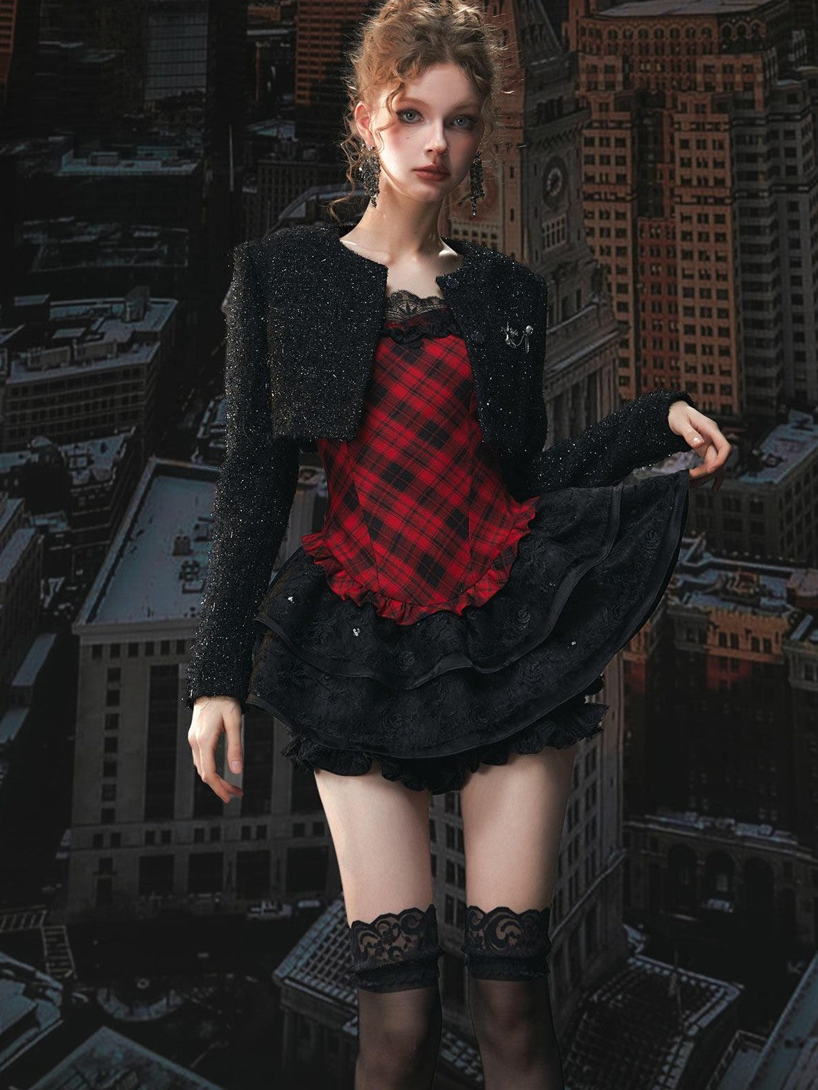 Tut tuto Red Black Plaid Lace Puff Strappy Two Piece Women's Cotton Slip Mini Dresses